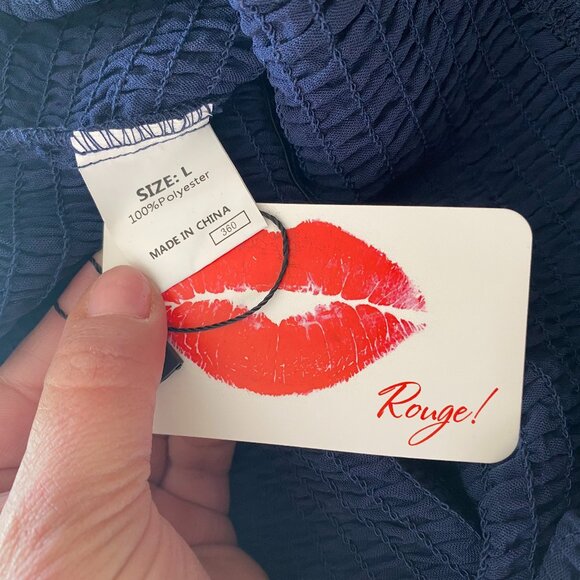 ROUGE Navy Blue Smocked chest Stretch Wide-Leg Romper Jumpsuit *LARGE* - Picture 6 of 6